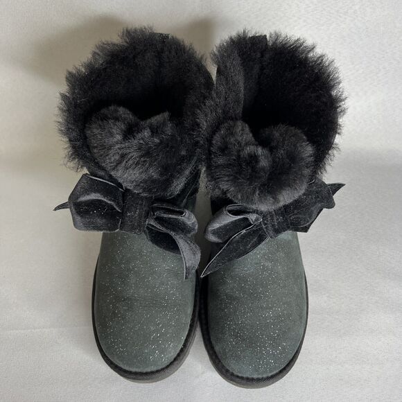 Women's Ugg Boots Sz 7 Black Gita Twinkle Bow Mini Bootie Satin Bow Glitter-like - Picture 9 of 16